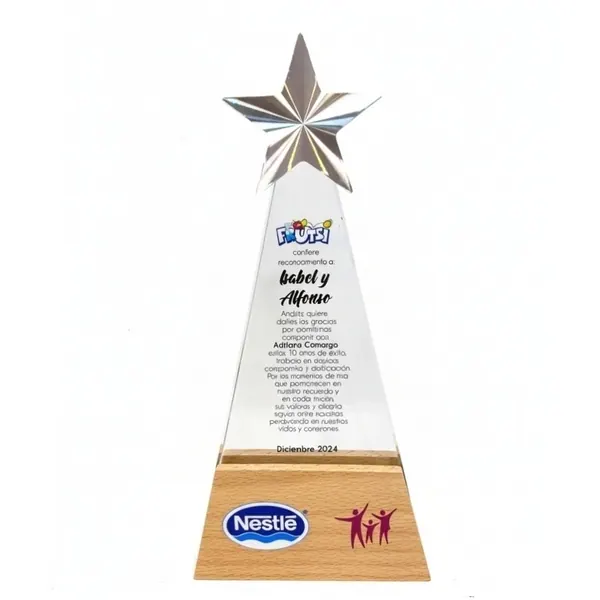 Placa de reconocimiento vidrio madera estrella silver 12x26cm