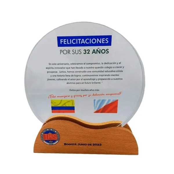 Placa de Reconocimiento Vidrio madera Redonda 18cm