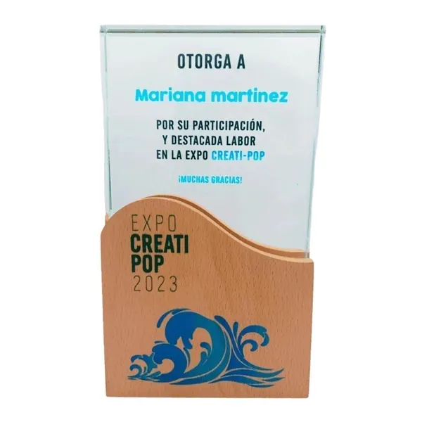 Placa de Reconocimiento Vidrio madera vertical