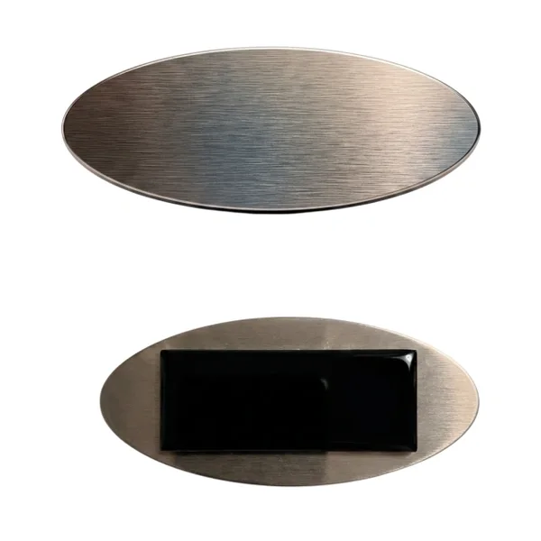 Identificador Aluminio Acrílico Magneto Silver ovalado personalizado