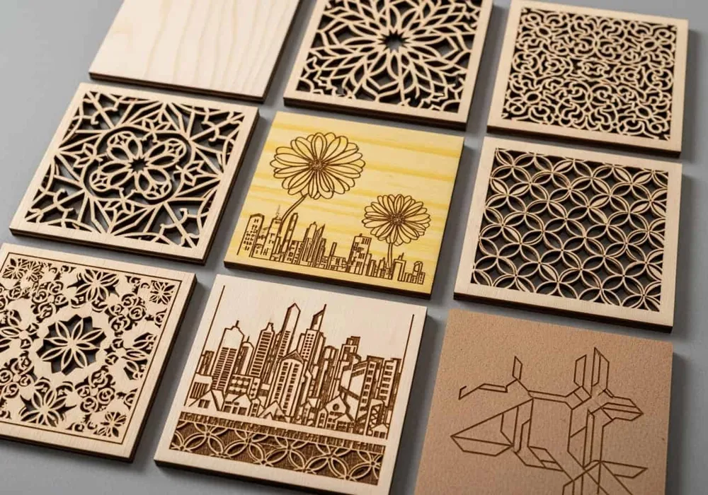 Posavasos de madera con diseños grabados y cortados en láser